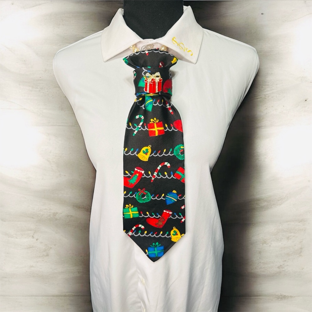 Christmas Black Necktie with  Red Present Brooch